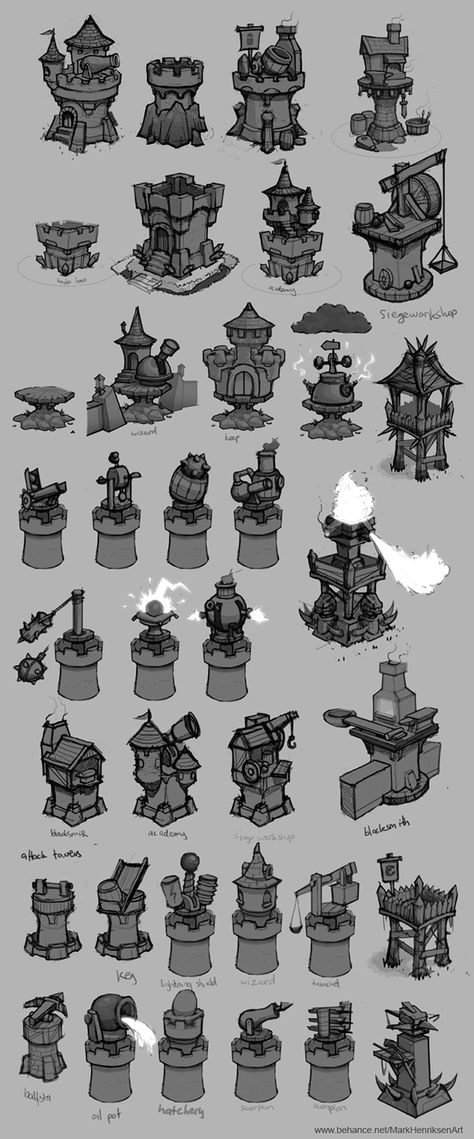 Tower designs (Concept art) on Behance Building Design Concept Art, Game Design Inspiration Concept Art, Tower Defense Concept Art, Fantasy Tower Art, Tower Defense Game, Isometric Concept Art, Concept Art Castle, Game Assets Concept Art, Concept Art Building