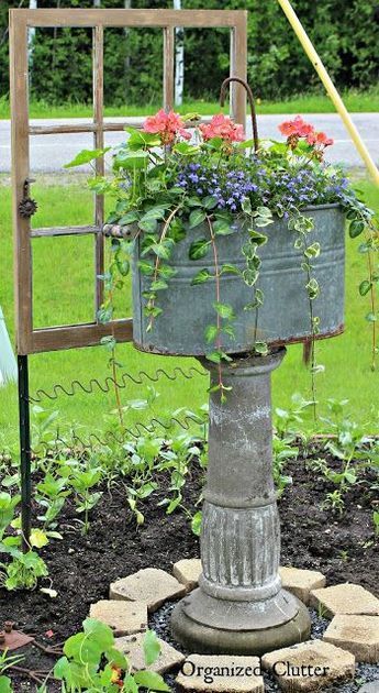 How To Add Vertical Interest to the Flower Garden via OrganizedClutter.net Upcycle Garden, Garden Junk, Garden Containers, Garden Stuff, Flower Bed, Large Pots, Garden Cottage, Rustic Gardens, Vintage Garden