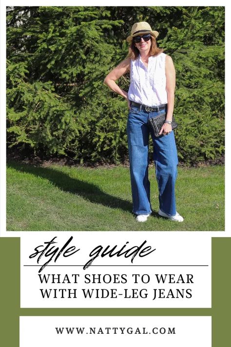 Wide Leg Jeans With Sandals, Faded Wide Leg Jeans Outfit, Footwear With Wide Leg Jeans, Wide Leg Jean Shoes, Wide Leg Jeans Shoes Style, Tennis Shoes With Wide Leg Jeans, Sneakers With Wide Leg Jeans, Shoes To Wear With Wide Leg Trousers, Wide Leg Jeans With Sneakers