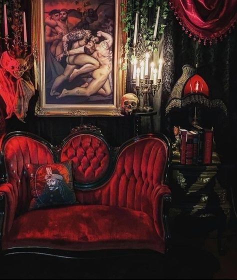 Red Lights Bedroom, Vampire Room, Neon Rouge, Vampire House, Gothic Bedroom, Dream Dorm, Red Couch, Dark Home Decor, Goth Home