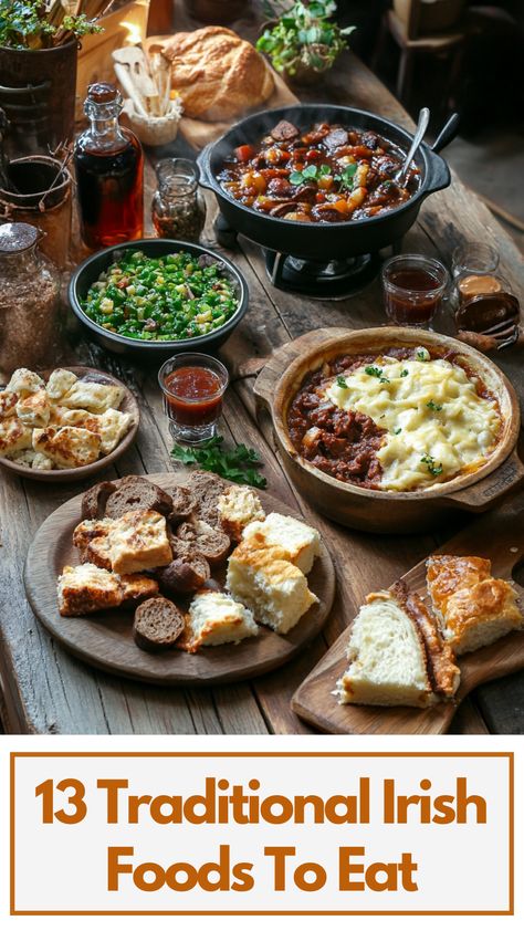 A spread of traditional Irish foods, including hearty stews, savory pies, and freshly baked soda bread, displayed on a rustic table. Authentic Irish Food, Irish Breakfast Recipes, Irish Meals Traditional, Irish Dishes Traditional, Irish Food Traditional, Popular Irish Dishes, Authentic Irish Recipes, Irish Pub Food Appetizers, Traditional Irish Food