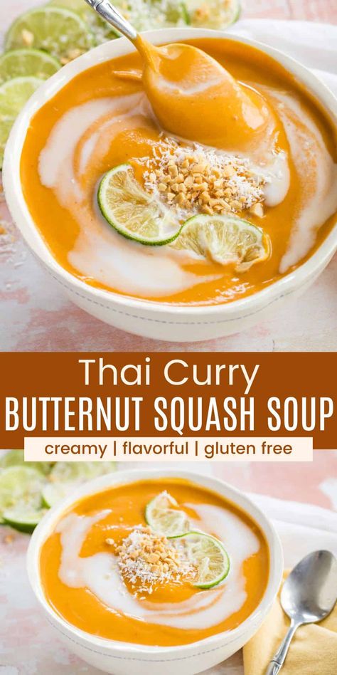 Add a flavor-packed twist to the classic fall soup with this Thai Curry Butternut Squash Soup. With the combination of naturally sweet squash, warm spices, and aromatic ingredients like coconut milk, lime juice, and soy sauce, this velvety smooth curried soup recipe will warm you from the inside out. Plus, it is naturally gluten free and vegan. Curry Butternut Squash Soup, Coconut Butternut Squash Soup, Butternut Squash Soup Creamy, Thai Butternut Squash Soup, Curried Squash Soup, Winter Squash Recipes, Butternut Squash Curry, Butternut Squash Soup Recipe, Curried Butternut Squash Soup