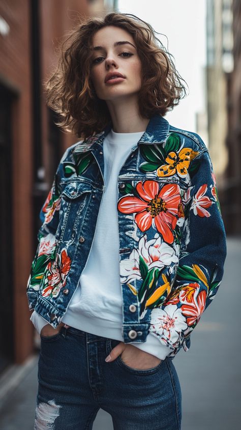 Custom hand-painted denim jacket with abstract floral patterns, captured in soft daylight with a Canon EOS R6 and RF 50mm f/1.2L lens, high detail, stylish urban backdrop. Denim Jacket Styling, Denim Paint, Hand Painted Denim, Hand Painted Denim Jacket, Hand Painted Clothing, Denim Art, Painted Denim Jacket, Denim Jacket Fashion, Painted Jacket