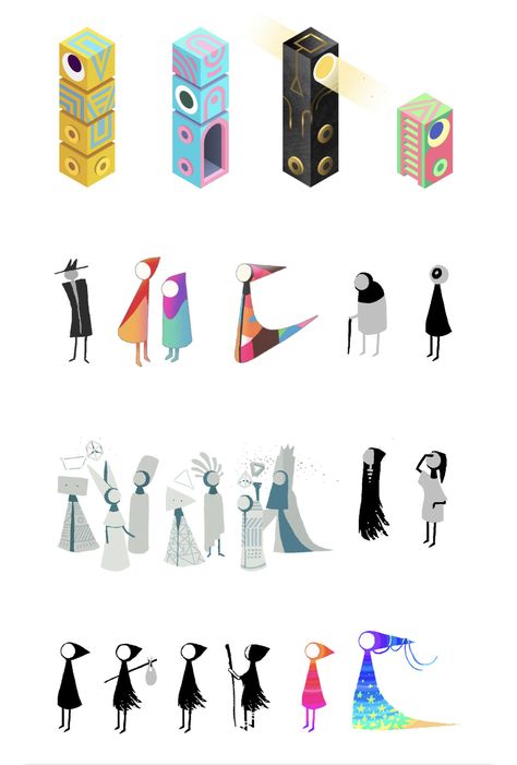 Character designs and developments for Monument Valley ~~ monument valley 2 Contradiction Space, Monument Valley Game, Monument Valley 2, 2d Game Art, Isometric Art, Isometric Illustration, Game Character Design, Cartoon Character Design, Google Chrome