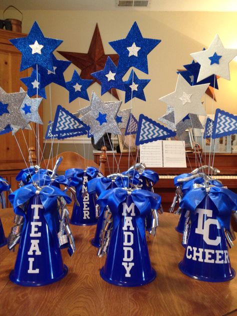 Centerpieces for 2014 TCHS Titan Cheer Banquet! Cheerleading Decorations, Cheer Decorations, Cheer Birthday Party, Cheerleader Birthday, Banquet Centerpieces, Cheerleading Party, Cheer Banquet, Football Banquet, Cheer Team Gifts