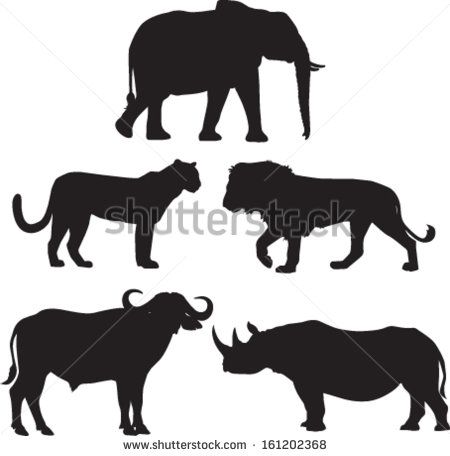 Africa's Big Five Animals: Elephant, Lion, Leopard, Buffalo and Rhino - stock vector Big Five Animals, Silhouette Lion, Zoo Logo, Lion Silhouette, 5 Cake, Save The Rhino, African Buffalo, Baby Rhino, Africa Animals