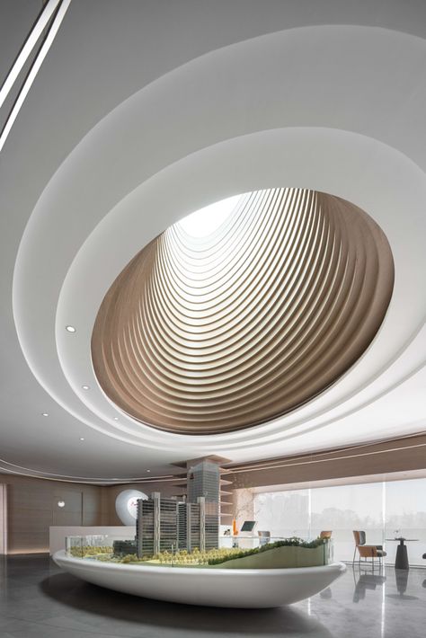 Industrial Office Design, Circular Ceiling, Art 2023, Sales Center, Lighting Plan, Lobby Interior, Lobby Design, Hotel Interior, Futuristic Architecture