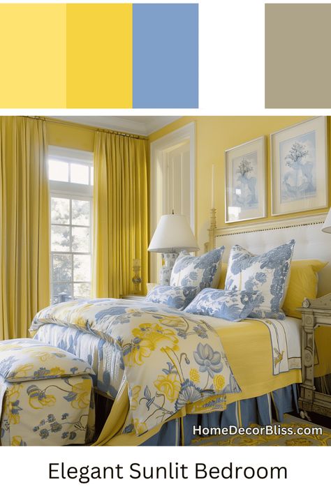 Traditional Bedroom: Sunlit Elegance with Floral Accents Pale Yellow Bedroom Decor, Rustic Yellow Bedroom, Pale Blue And Yellow Bedroom, Yellow And Blue Bedroom Ideas, Pastel Yellow Walls, Yellow Walls Bedroom Ideas, Blue And Yellow Bedroom Ideas, Pale Yellow Bedrooms, Yellow Curtains Bedroom