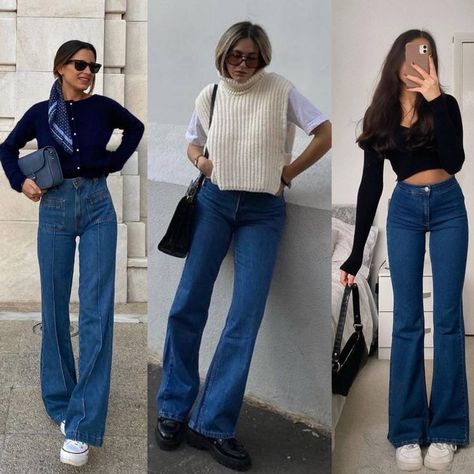 Trapeze Jeans Outfit, Flare Jeans Outfit 70s Style, Dark Blue Jeans Winter Outfit, Pantalon Oxford Outfits Invierno, Outfits Con Pantalon Oxford, How To Style Dark Blue Flared Jeans, How To Style Blue Flared Jeans, Pantalones Oxford Mujer Outfit, Jean Oxford Outfit