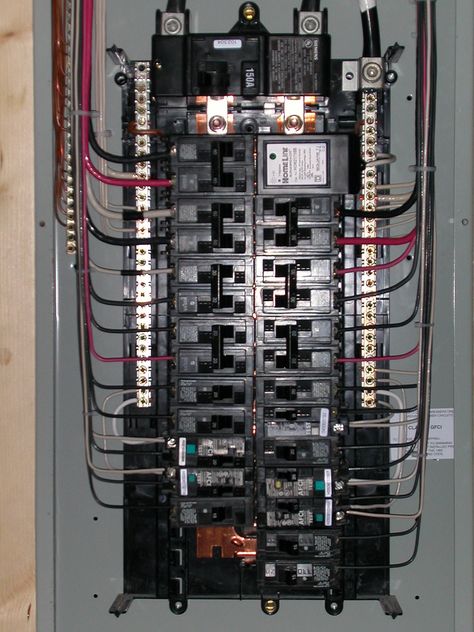 Siemens 30/40 150A Main Breaker panel. All breakers are Siemens/ITE, except for the surge protector (Square D) and the GFCI and AFCI breakers (GE). Electrical Panel Wiring, Residential Electrical, Breaker Panel, Home Electrical Wiring, Breaker Box, House Wiring, Electrical Panel, Electrical Work, Electrical Projects