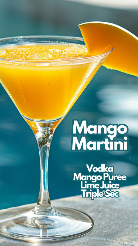 Mango Martini Mango Martini Recipe, Mango Vodka Drinks, Mango Vodka Drinks Recipes, Mango Passionfruit Cocktail, Cocktails With Mango Juice, Mango Vodka, Mango Martini, Mango Cocktail, Vodka Cocktails Easy