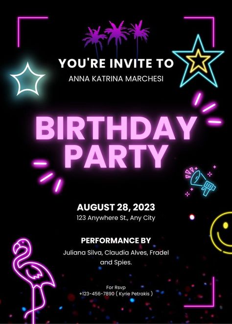 Birthday Party Neon, Glasgow Girls, Bday Party Invitations, Birthday Banner Background, Party Neon, Black Birthday, 24th Birthday, Girls Club, Youre Invited