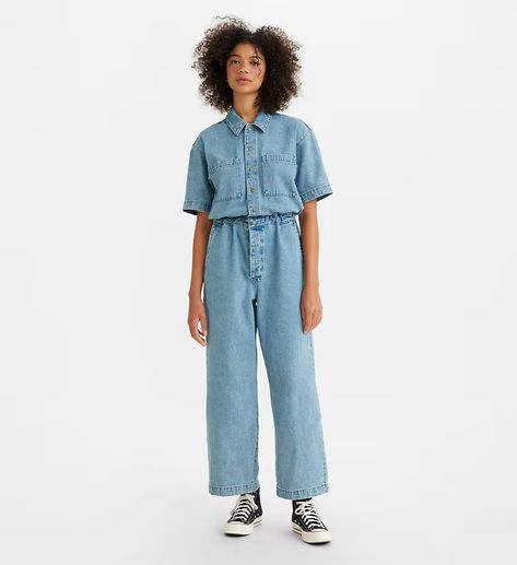 Short Sleeve Boilersuit - Light Wash | Levi's® US Denim Boiler Suit Outfit, Denim Boiler Suit, Short Sleeve Denim Jumpsuit, Short Sleeve Denim, Boiler Suit, Levi Shorts, Denim Jumpsuit, Blue Shorts, Jumpsuits For Women