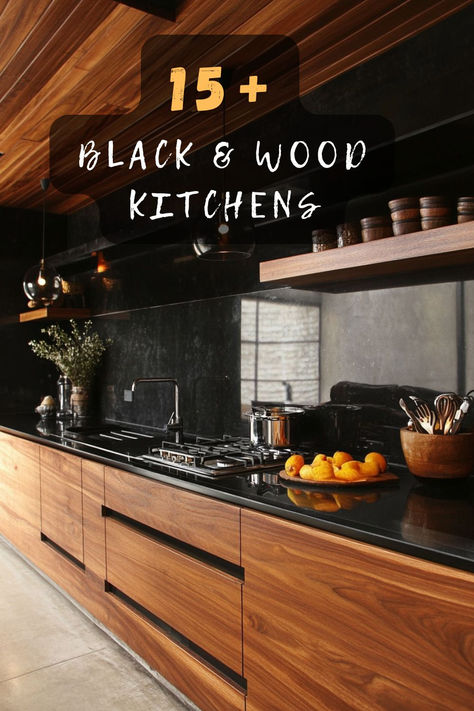 Thinking about a kitchen makeover? Click to explore modern black and wood kitchen designs that blend sophistication with warmth. Transform your space today! 🍴🖤 #KitchenDesign #ModernKitchens #BlackWoodKitchen #HomeDecor #InteriorDesign Backsplash Kitchen For Black Cabinets, Black And Walnut Kitchen Modern, Black Cream Wood Kitchen, Wood Cabinets Black Backsplash, Wooden Kitchen Cabinets Black Countertop, Wood Uppers Black Lowers, Black Countertops And Black Backsplash, Cherry Wood And Black Kitchen, Maple Kitchen Cabinets With Black Countertops