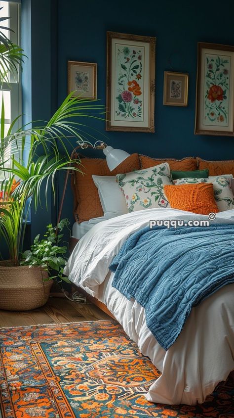 Bright Primary Bedroom, Bright Blue Bedroom Walls, Orange And Blue Room Aesthetic, Blue Guest Bedroom Ideas, Blue Walls Room, Blue Wall Bedroom, Blue And Orange Bedroom, Moody Eclectic, Bedroom Board