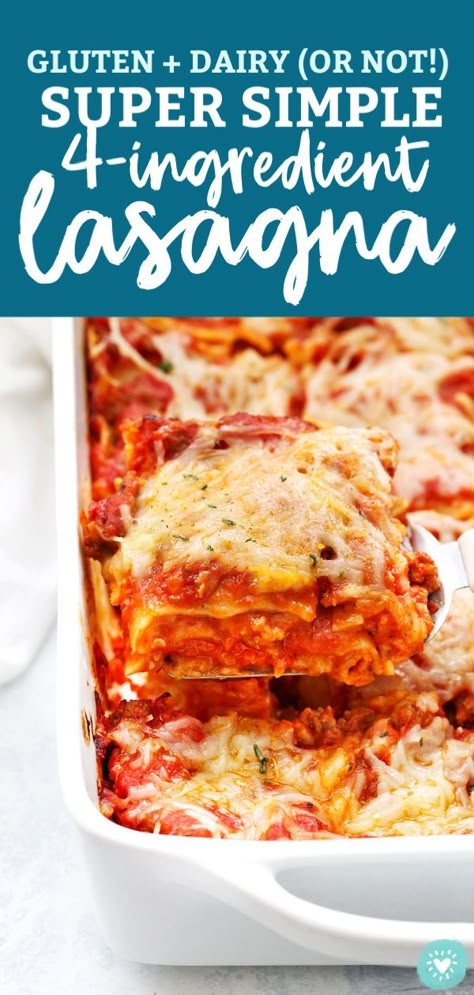 Four Ingredient Lasagna - This EASY lasagna recipe takes just 4(!!!) ingredients and tastes amazing. Don't miss our tips for making this a gluten free, dairy free dinner! // gluten free lasagna recipe // dairy free lasagna recipe // gluten free freezer meal // sausage lasagna #lasagna #pasta #glutenfree #dairyfree #easydinner #freezerdinner Lactose Free Lasagna Recipe, Dairy Free Lasagna Recipe, Gluten Free Lasagna Recipe, Gluten Free Freezer Meals, Veggie Lasagna Recipe, Dairy Free Lasagna, Gluten Free Dairy Free Dinner, Vegan Lasagna Recipe, Recipes Lasagna