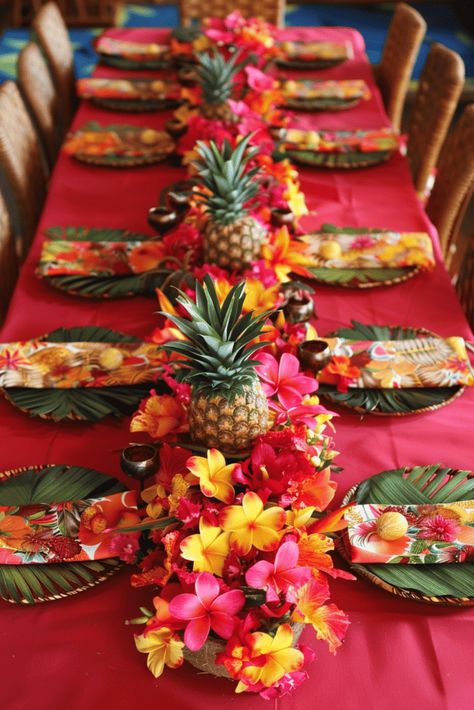 pineapple tropical table setting Florida Party Theme, Hawaiian Table Setting, Tropical Tea Party, Luau Table Setting, Paradise Theme Party, Luau Table Decorations, Pineapple Party Decor, Hawaiian Centerpieces, Luau Table