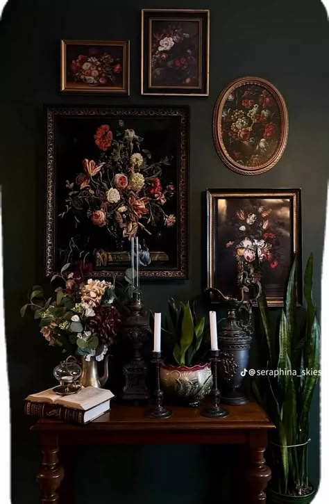 Diy Dark Academia, Academia Living Room, Dark Academia Living Room, Gothic Halloween Decor, Hallway Gallery, Hallway Gallery Wall, Moody Home Decor, Dark Cottage Core, Halloween Decor Diy