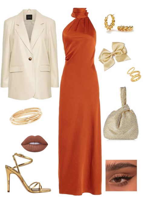 Elegant Orange Outfit, Orange Brown Outfit, Dress Ideas For Wedding Guest, Copper Outfit, Orange Dress Outfit Wedding, Elegant Wedding Guest Outfit, Orange Dress Outfit, Orange Party Dress, Orange Dress Outfits