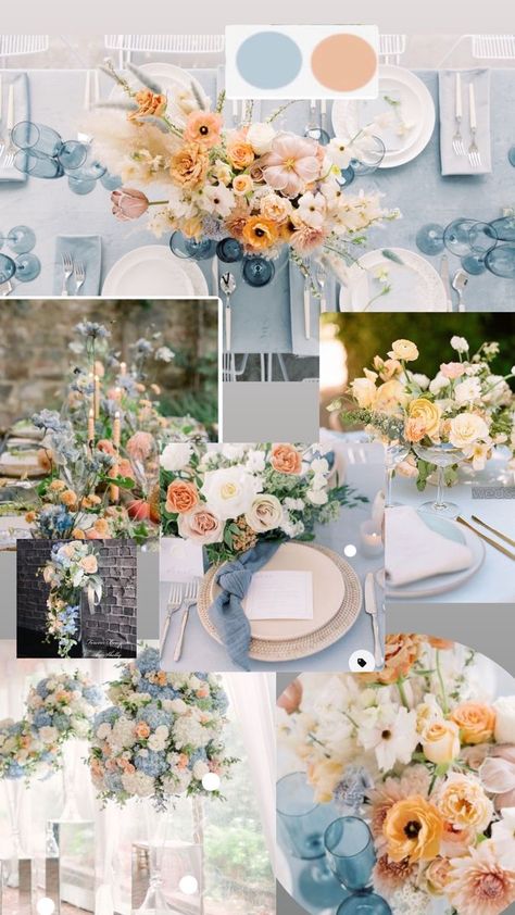 Dusty Blue Orange Wedding Theme, Dusty Blue And Mustard Wedding, Light Blue And Light Orange Wedding, Powder Blue And Yellow Wedding, Dusty Blue And Apricot Wedding, Spring Wedding Color Palette Dusty Blue, Peach And Sky Blue Wedding, Pastel Blue And Peach Wedding, Blue Wedding Theme Spring