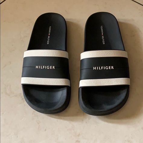 Tommy Hilfiger Shoes | Tommy Hilfiger Slides | Color: Black/White | Size: 6 Sleepers For Men, Designer Slides Men, Cheap Men's Slides For Streetwear, Functional Slip-on Slides For Streetwear, Tommy Hilfiger Slides, Man Slippers, Slides For Men, Adidas Sandals, Designer Slides