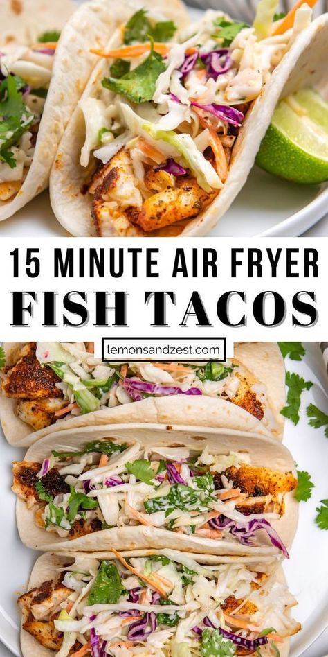 Air Fryer Fish Tacos, Air Fries, Fish Tilapia, Lime Slaw, Cilantro Lime Slaw, Taco Dinner, Air Fryer Fish, Air Fryer Dinner, Air Fryer Dinner Recipes