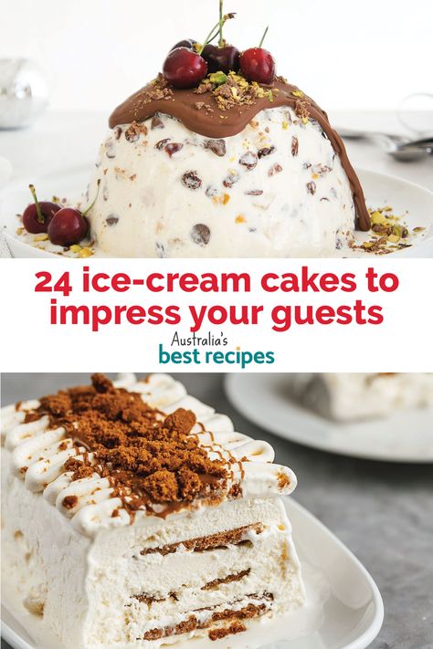 From logs and loafs to classic cake-shapes, Viennetta imitations to Christmas showstoppers – these are all the frozen ice cream cakes that you want in your repertoire. (But they’re a lot easier than they look.) Warning: expect the best kind of brain freeze! Frozen Ice Cream Desserts, Ice Cream Cakes Recipe, Ice Cream Cake Christmas, Ice Cream Cakes Homemade, Desserts With Ice Cream, Ice Cream Desserts Easy, Christmas Ice Cream Desserts, Frozen Christmas Desserts, Homemade Sweets Recipes