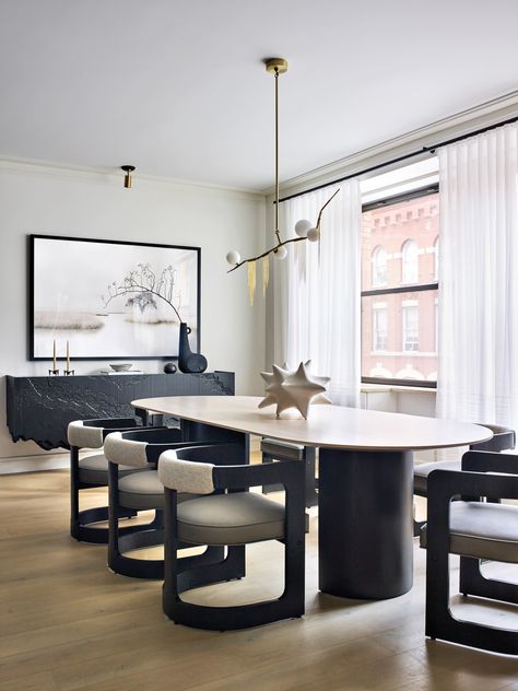 Tribeca Loft, Living Room Foyer, Wood Accent Wall, Vanguard Furniture, Geometric Chandelier, Hanging Crystals, Luxe Interiors, Everly Quinn, Dining Room Design