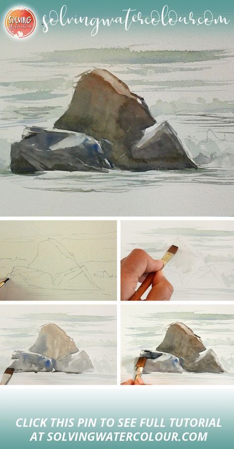 Painting Rock Formations, How To Paint A Rock On Canvas, Watercolour Rocks Painting, Painting Rocks In Watercolor, Watercolor Rock Painting, Rocks In Water Painting, How To Draw Rocks Step By Step, Watercolor Rocks And Water, How To Paint Rocks On Canvas