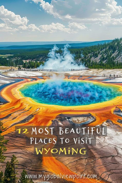 Photo of an iconic view in Yellowstone with text overlay showing "beautiful places in Wyoming" Wyoming Honeymoon, Wyoming Aesthetic, Kemmerer Wyoming, Riverton Wyoming, Wyoming Hiking, Cowboy Town, Wyoming Vacation, Jackson Hole Wy, Amazing Places To Visit