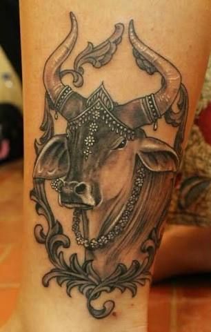 Hindu Tattoos, Cow Tattoo, Tattoo Animal, Bull Tattoos, Taurus Tattoos, Trendy Tattoo, Mermaid Tattoos, Mountain Tattoo, Lotus Tattoo