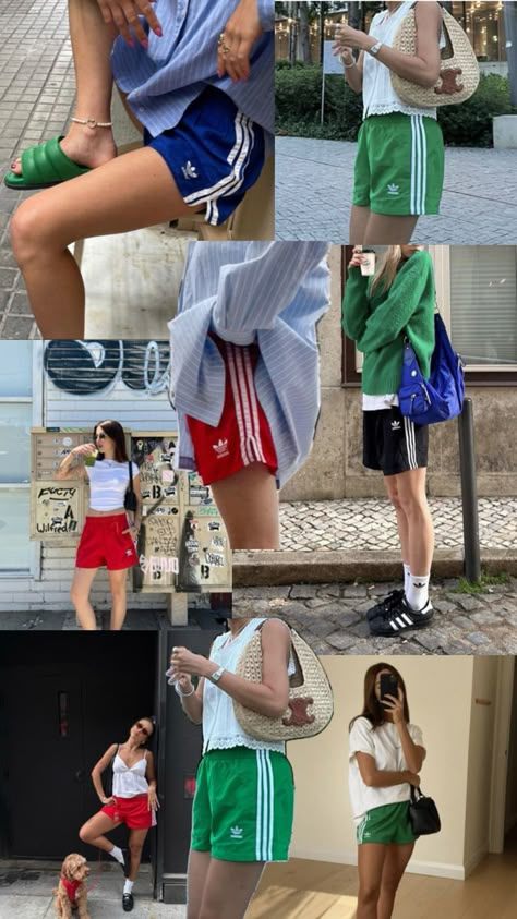 Basketball Shorts Gym Outfit, Soccer Shorts Outfit Women, Spring Summer Transition Outfits, Green Adidas Shorts Outfit, Sport Short Outfits, Rugby Tshirt Outfits, Adidas Track Shorts Outfit, Cool Athleisure Outfits, Football Top Outfit Women