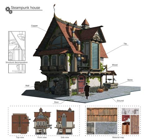 ArtStation - Steampunk house, Clay .W Steampunk Building, Disneysea Tokyo, Steampunk City, City Ideas, Mini Mundo, Steampunk House, Building Sketch, Medieval Houses, Minecraft House Designs