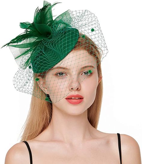 Pillbox Hat With Veil, Hat With Veil, Hair Clip Wedding, Green Fascinator, Nylon Flowers, Black Fascinator, Hat Hair, Bridal Shower Tea, Feather Fascinators