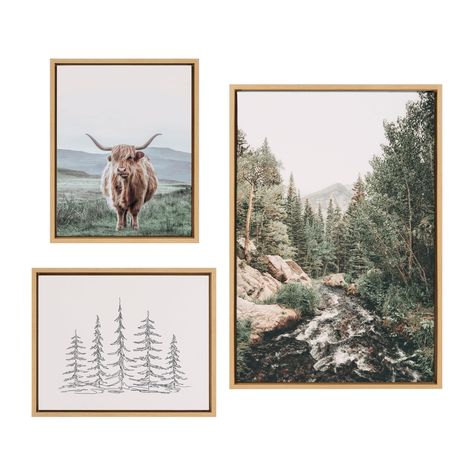 SYLVIE FRAMED CANVAS BY VARIOUS ARTISTS | Kate and Laurel Sylvie Meet Here, Highland Cow Mountain and Evergreen Trees Framed Canvas Wall Art by Various Artists, 3 Piece Tree Sketches, Evergreen Trees, Neutral Wall Art, Natural Frame, Canvas Wall Art Set, Framed Canvas Wall Art, Various Artists, My New Room, Mountain Landscape