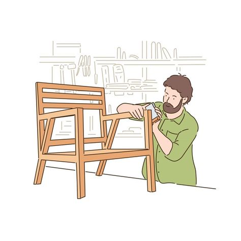 A carpenter is making a chair. hand drawn style vector design illustrations. Carpenter Character Design, Carpenter Drawing, Carpenter Illustration, Workshop Illustration, Doodle Techniques, Halloween Crafts To Sell, Classy Halloween Decor, Christmas Crafts Diy Projects, Woodworking Plans Beginner