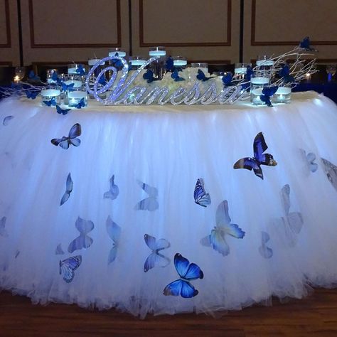 Instagram post by Majestic Event Decor • Aug 19, 2020 at 2:48pm UTC Quinceanera Butterfly Centerpieces, Blue Butterfly Centerpieces, Blue Enchanted Forest Theme, Butterfly Sweet 16 Decorations, Blue And Silver Quinceanera Ideas, Butterfly Quinceanera Theme Centerpieces, Blue Butterfly Quinceanera Theme, Butterfly Theme Quinceanera, Butterfly Quince Theme