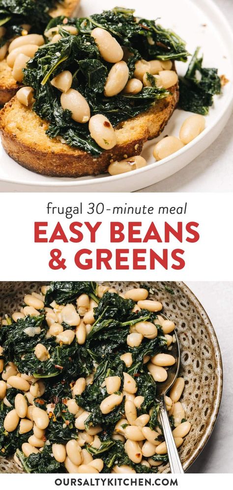 Beans and greens might just be the perfect meal. It's vegan out of the gate with plenty of variations to meet a variety of dietary needs. Budget friendly, quick, and healthy, beans and greens are also shockingly delicious using just a handful of frugal pantry staples. Serve them as a side dish, for breakfast with a runny egg, or over garlic toast for lunch or dinner. #vegan #pantrystaples #frugal #quickmeal #30minutesorless Beans And Greens Recipe, Frugal Pantry, Vegan Bean Recipes, Breakfast Beans, Beans And Greens, Healthy Beans, Peasant Food, Garlic Toast, 30 Minute Meals Easy