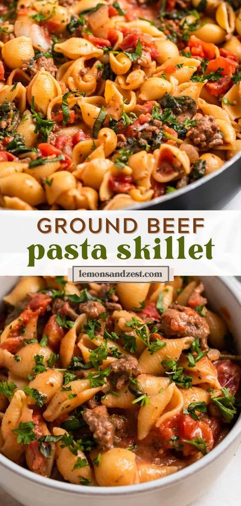 This simple Ground Beef Pasta recipe is a perfect pasta dish the whole family will love! Ready in under 30 minutes, this easy cheesy pasta dinner is packed with spinach, tomatoes and just the right amount of Italian Seasoning. Who wants seconds? Side Dish With Ground Beef, Mediterranean Diet Recipes With Ground Beef, Ground Beef Mozzarella Recipes, Ground Beef And Tomato Recipes, Beef And Spinach Recipes, Red Meat Recipes Dinners, Ground Beef And Spinach Recipes, Dairy Free Ground Beef Recipes, Healthy Meals With Ground Beef