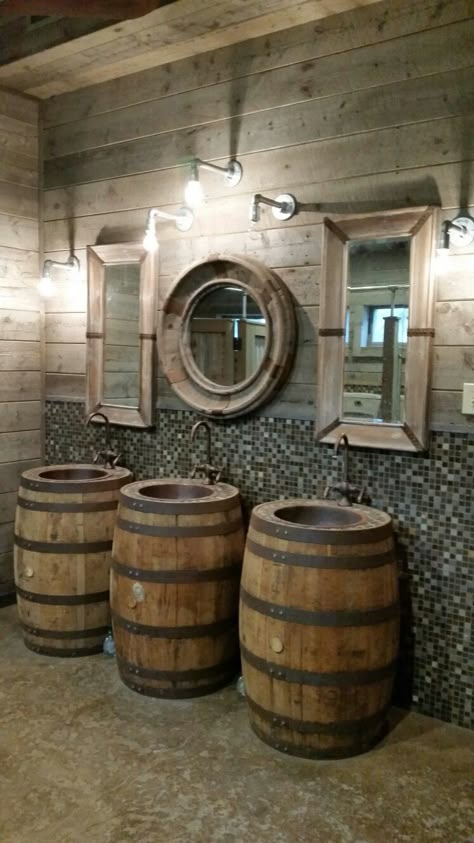 Rustic Public Bathroom, Rustic Restroom Ideas, Rustic Restaurant Interior Design Ideas, Wine Barrel Sink Bathroom, Restaurant Restroom Design, Viking Bar, Wine Barrel Sink, Western Bathrooms, Whiskey Barrel Ideas