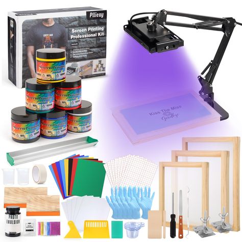 PRICES MAY VARY. Diverse Printing: Screen printing starter kit includes an exposure lamp, which can effectively shorten the curing time of the photosensitive emulsion. Additionally, we offer three sizes of silk screen printing frames and squeegees to meet your diverse printing needs Cost-Effective Large Capacity ink: 8 fl oz of each can of screen printing paint allows for more possibilities and creativity in color mixing, and allows for longer print runs without the need for frequent ink changes Single Color Screen Print Design, Silk Screen Printing Design, Screen Printing Frame, Screen Printing Supplies, Diy Screen Printing, Start Screen, Screen Printing Process, Screen Printing Machine, Supper Club