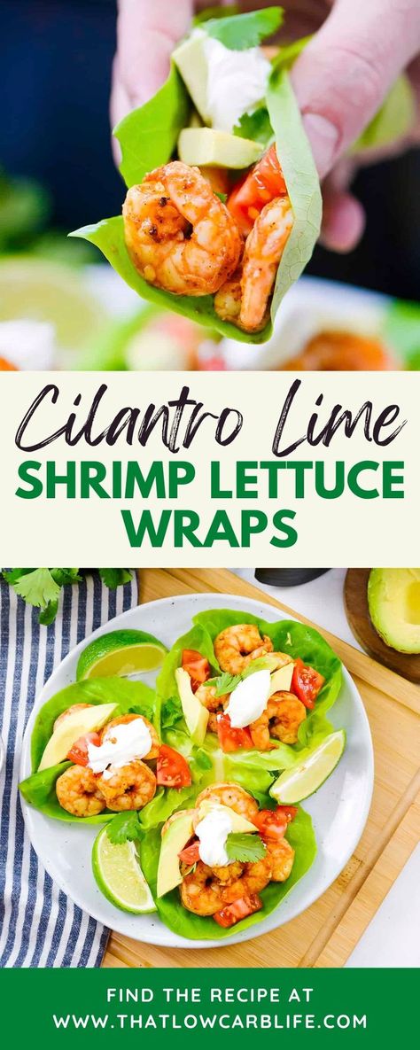 These easy Shrimp Lettuce Wraps are made with flavorful cilantro lime shrimp and all your favorite toppings like avocado, tomato, and sour cream! The shrimp cooks in the air fryer in minutes, making this a quick low carb recipe the whole family will love! When you’re craving shrimp tacos this is the recipe to turn to! Air Fried Shrimp, Easy Lettuce Wraps, Lettuce Wraps Healthy, Shrimp Lettuce Wraps, Lettuce Recipes, Taco Lettuce Wraps, Keto Shrimp, Cilantro Lime Shrimp, Lettuce Wrap Recipes