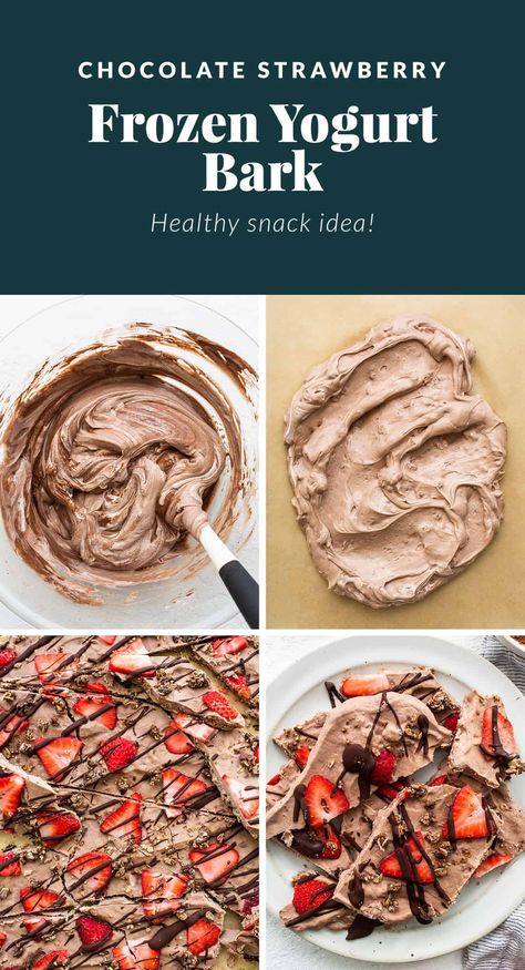 This chocolate strawberry frozen yogurt bark is deliciously flavorful thanks to sliced strawberries, granola and drizzled with chocolate. Yum! Healthy Frozen Bark, Fruit Yogurt Bark, Frozen Bark Recipes, Frozen Yogurt Bark With Berries, High Protein Frozen Yogurt Bark, Frozen Strawberry Chocolate Dessert, Strawberry Chocolate Greek Yogurt Bark, Recipes With Flavored Yogurt, Greek Yogurt Bark Healthy Snacks