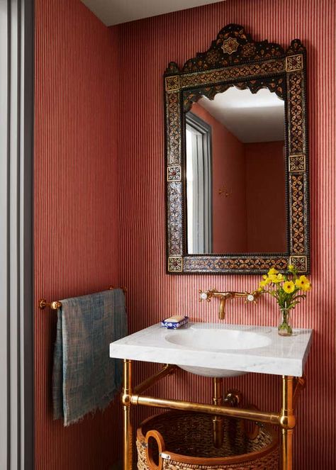 East Hampton Residence by Neal Beckstedt Studio | 1stDibs Red Powder Room, Wall Inlay, Neal Beckstedt, Hamptons Architecture, Countryside Living, Powder Bathroom, Moore House, Mountain Mama, Shore House