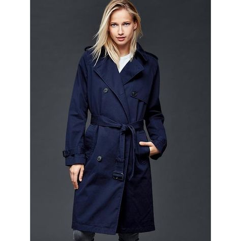 Gap Women Classic Trench ($138) ❤ liked on Polyvore featuring outerwear, coats, tall, true indigo, blue double breasted coat, double-breasted coat, double breasted trench coat, long sleeve coat and tie belt Peacoat Womens, Active Wear Dresses, Twill Coat, Blue Raincoat, Blue Trench Coat, Classic Trench Coat, Double Breasted Trench Coat, Gap Women, Raincoats For Women