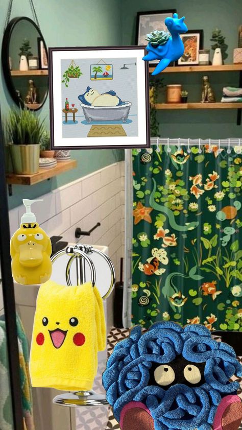 Pokemon Bathroom! #interiordesign #homedecor #nerddecor #nerd #gamer #decor #design #pokemon Nerd Bathroom Ideas, Pokemon Bathroom Ideas, Nerd Decor Home, Pokemon House Decor, Pokemon Home Decor, Subtle Nerd Decor, Pokemon Bathroom, Geek Living Room, Nerd Home Decor