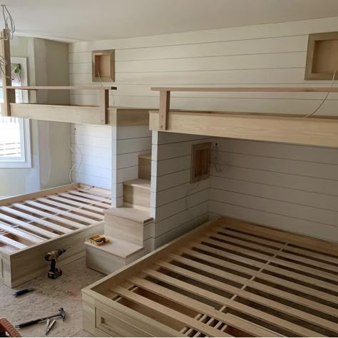 Masters of finish Trim Carpentry | Moises Galeote remember when we did these bunk beds and I set off the fire alarm | Facebook Built In Custom Bunk Beds, Ultimate Bunk Beds, 2 Sets Of Bunk Beds Room Ideas, Loft Sleeping Space, Diy Bunk Room Plans, Room With Multiple Beds, Built In Bunk Beds Full Size, Bunk Room Built In, 4 Bunk Beds Built Ins