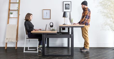 Shared Home Offices, Shared Home Office, Desk For Two, Office For Two, Sit Stand Workstation, Standing Desk Office, Shared Office, Sit Stand Desk, Adjustable Desk