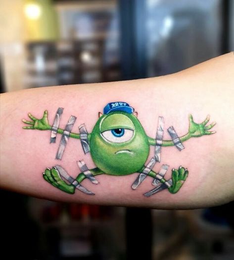 Mike Wazowski Tattoo, Kozo Tattoo, Jack Skellington Tattoo, 90s Tattoos, Character Tattoos, Movie Tattoos, Marvel Tattoos, Cartoon Character Tattoos, Tattoo Fails