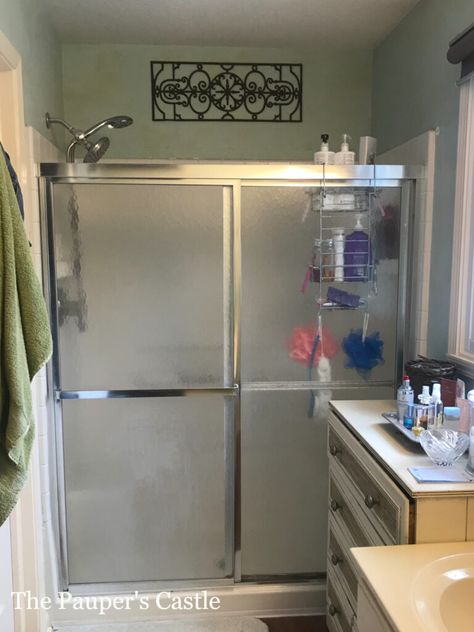 Redo Shower Stall, Redo Shower Stall Glass Doors, Old Glass Shower Door Ideas, Painting Shower Doors, Shower Door Ideas With Tub, Redo Shower Door, Painting A Shower Door Frame, Opaque Shower Door Ideas, Painted Shower Door Frame